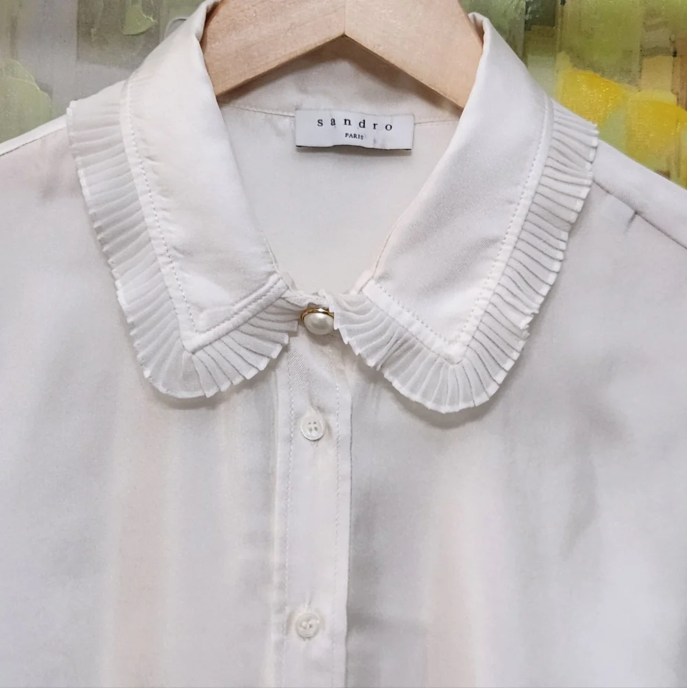 Sandro Cream Ruffle-Neck Silk Blouse - Picture 4 of 10
